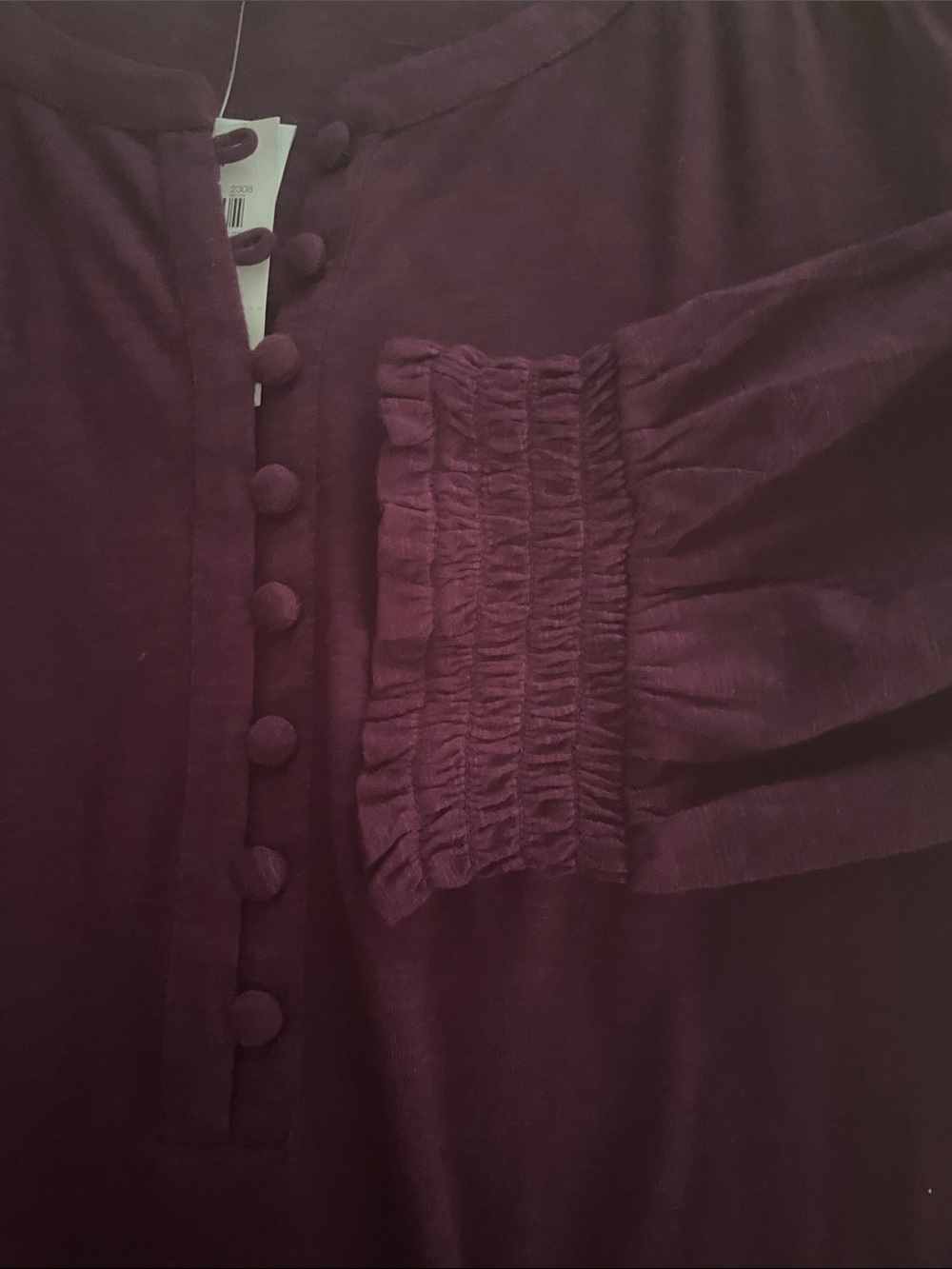 J. Jill Beautiful Deep Plum Henley Style Button-Front Shirred Yoke Cuff Top - Picture 2 of 6